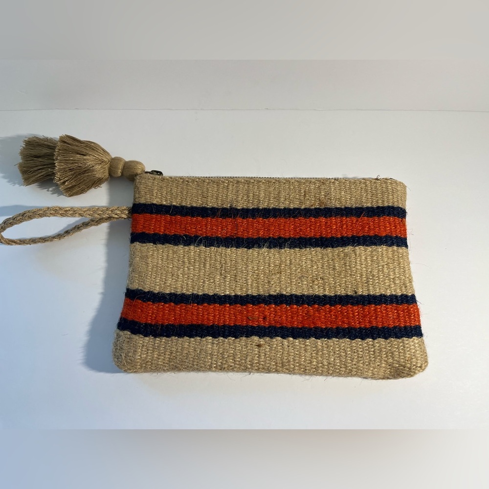 J JILL burlap clutch purse earth tones jute tassel detail